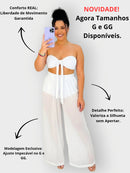 Conjunto Branco réveillon elegância e sofistição  top faixa multiformas com bojo calça pantalona tule look