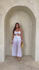 Conjunto Branco réveillon elegância e sofistição  top faixa multiformas com bojo calça pantalona tule look